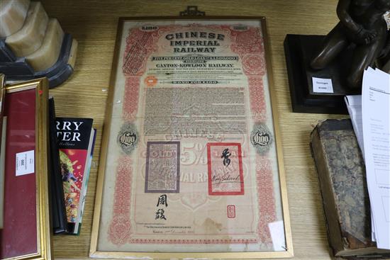 Two framed Chinese share certificates and a telephone certificate, and a Russian certificate